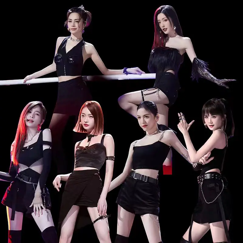 Kpop Girl Group Jazz Dance Black Sleeveless Sling Vest Off-Shoulder Crop Tops Women Slim High Waist Shorts Concert Two Piece Set