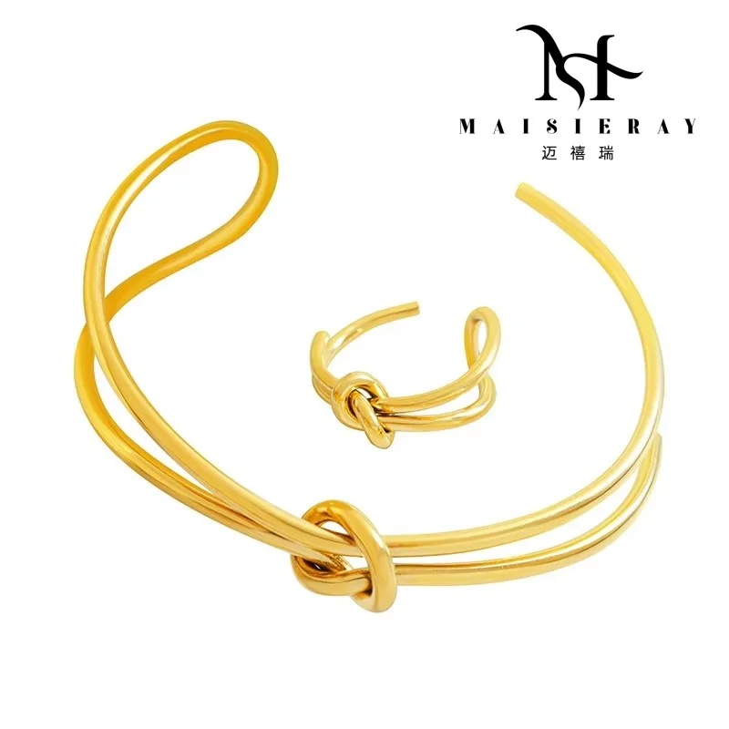 

2025 Dual Layer Twisted Knot Adjustable Open Bracelet Ring Set Minimalist Titanium Steel Gold Plated Jewelry Hot Sale