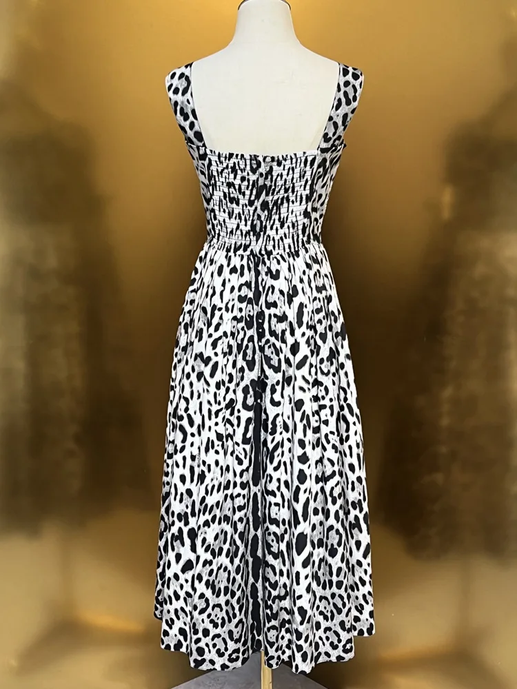 Vestido 100% de algodón 2025, estilo veraniego para mujer, tirantes finos, Sexy, estampado de leopardo salvaje, sin mangas, por debajo de la rodilla, vestido elegante para fiesta, ropa para discoteca