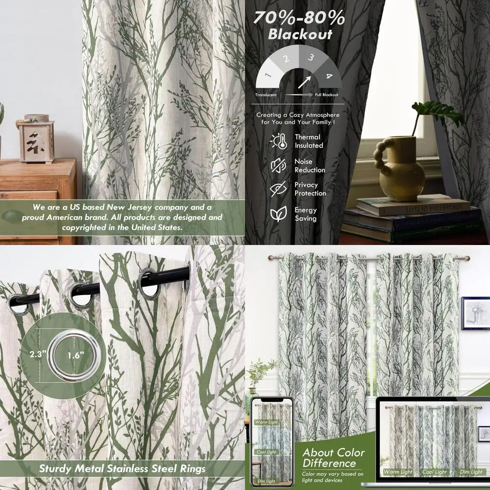 

Linen Tree Branch Print Blackout Curtains, 84 Double Layer, Thermal Insulated, Loden Green/Linen for Bedroom & Living Room