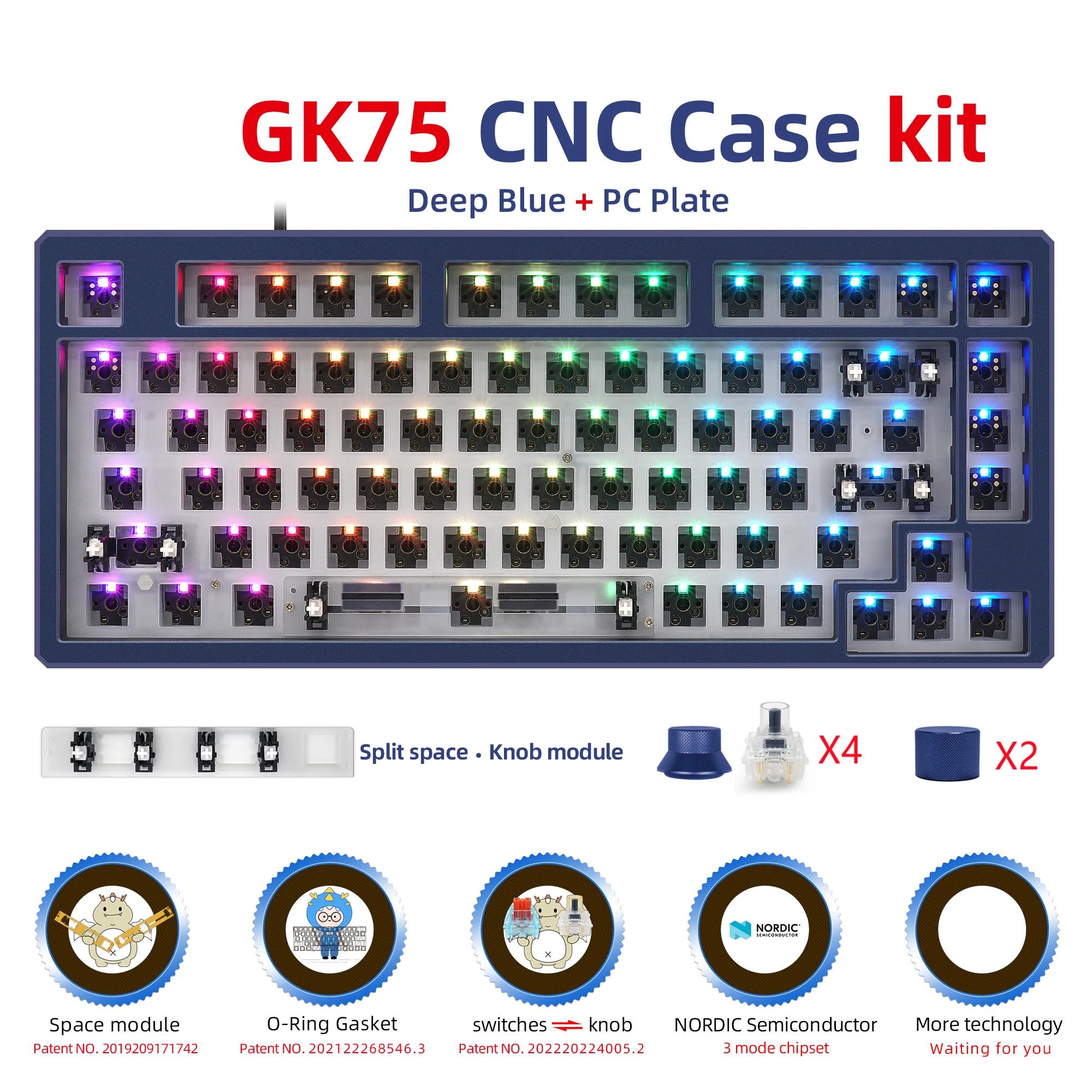 Aluminum 4 Knobs GK75 Triple-Mode Gasket RGB Hot Swappable Macro Programmable Bluetooth Wired 2.4G Mechanical Keyboard Barebones