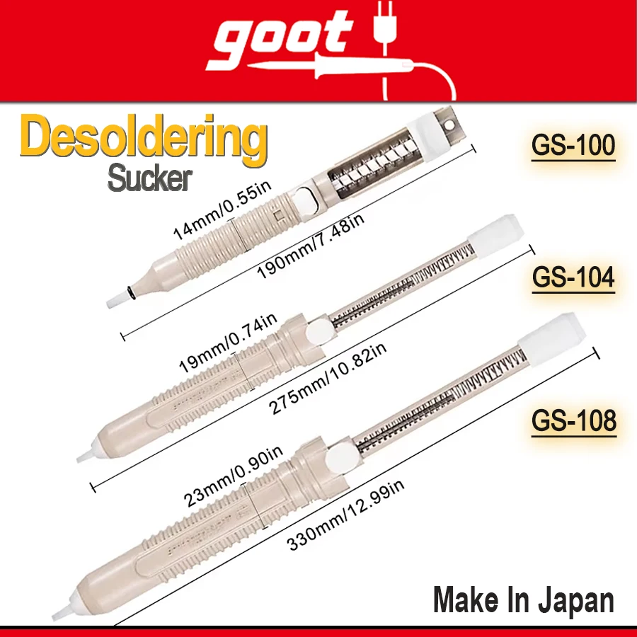 GOOT Desoldering Pump for Efficient Desoldering 330/275/190mm Self-Cleaning Plunger Welding Tool Accessories GS-100/104/108