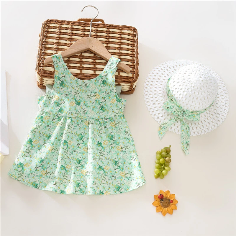 Send A Beach Hat Summer Baby Girl Outfit Set Korean Style Fashion Lovely Green Big Bow Floral Sleeveless Casual Toddler Dress