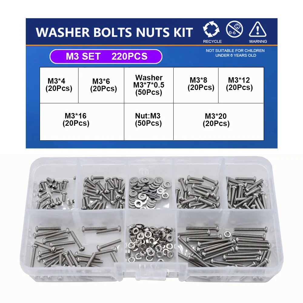 M2 M3 M4 M5 M6 Hex Socket Screw Nut Washer Set Hexagon Metric Thread Machine Allen Bolt Assortment Kit 304 Stainless Steel Screw