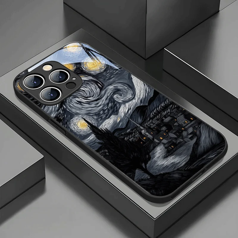 

Starry Night Town Pattern Tempered Glass Phone Case for iPhone Iphone 16 7 8 Plus X XR XS MAX 11 12 13 Pro 14 15 16 17 Pro Max