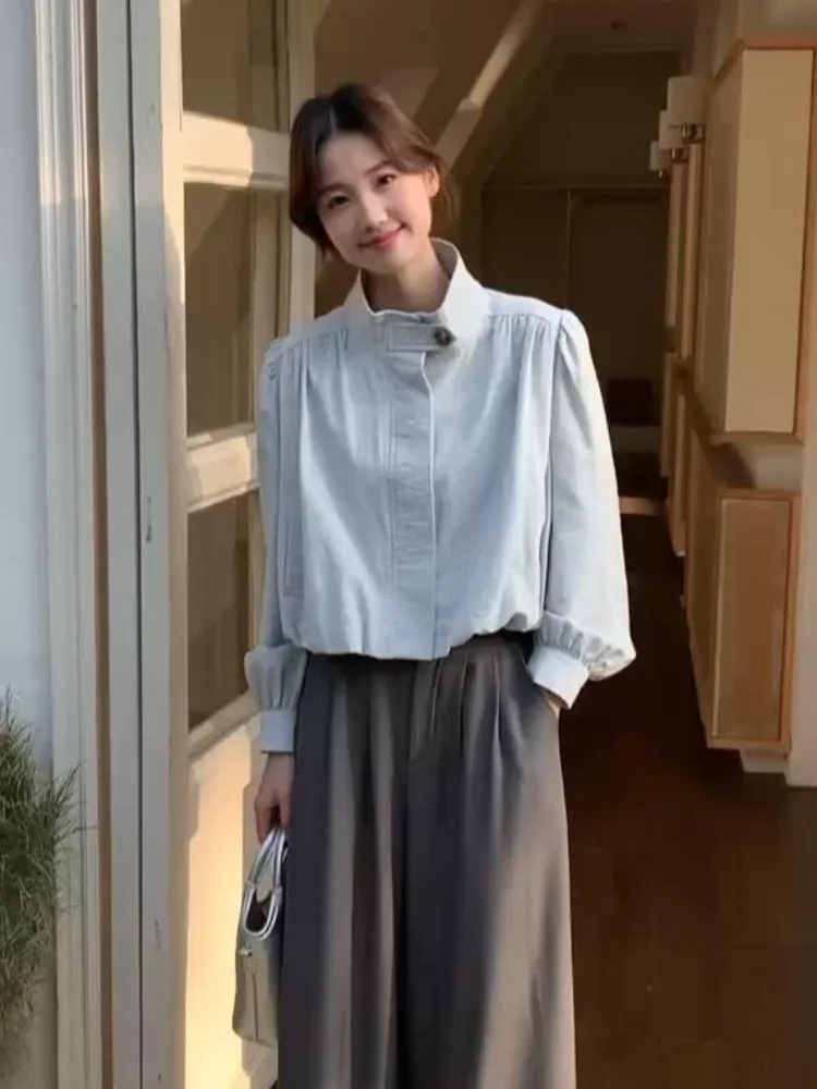 

Свободная повседневная корейская рубашка-жакет для женщин, весенняя, для работы, укороченный топ с длинным рукавом, дышащая, из чистого хлопка, рабочая одежда