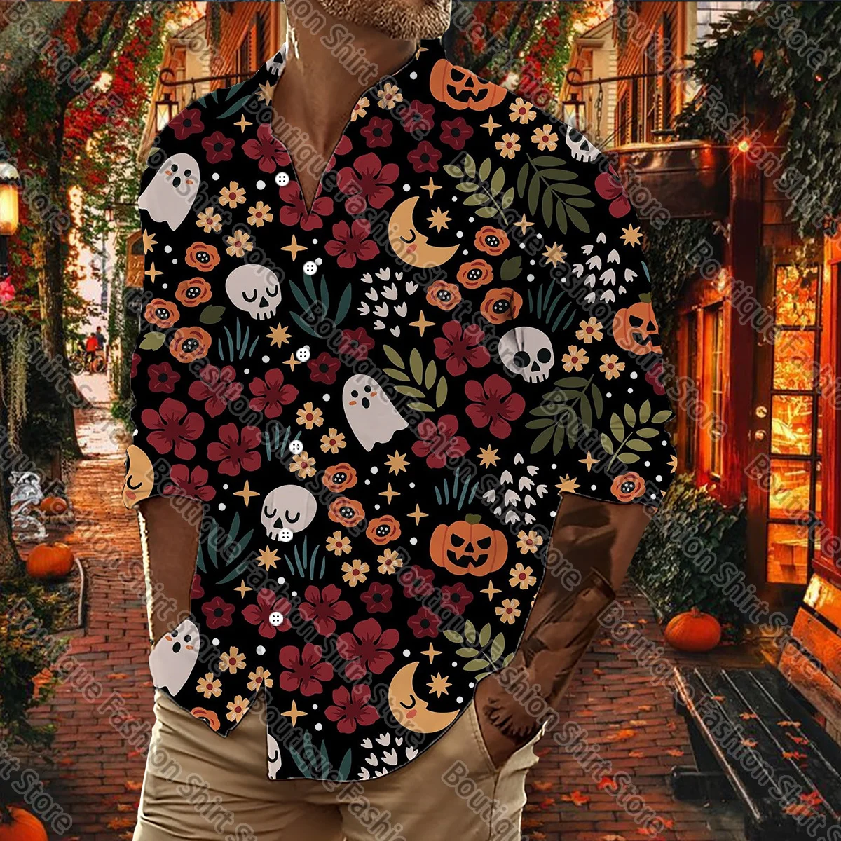 Hawaiian shirt Halloween shirt men's professional lapel shirt pumpkin high -definition printed shirt men's clothing