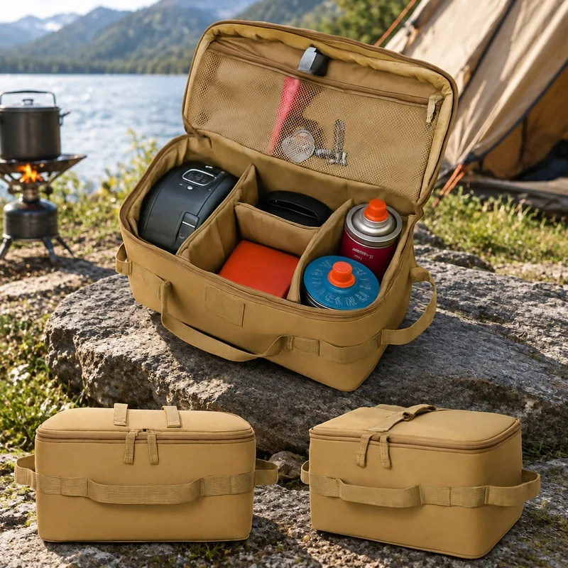 Durable Large-Capacity Camping Tote with Ground Anchors for Storing Cookware, Tools, and Gas Canisters