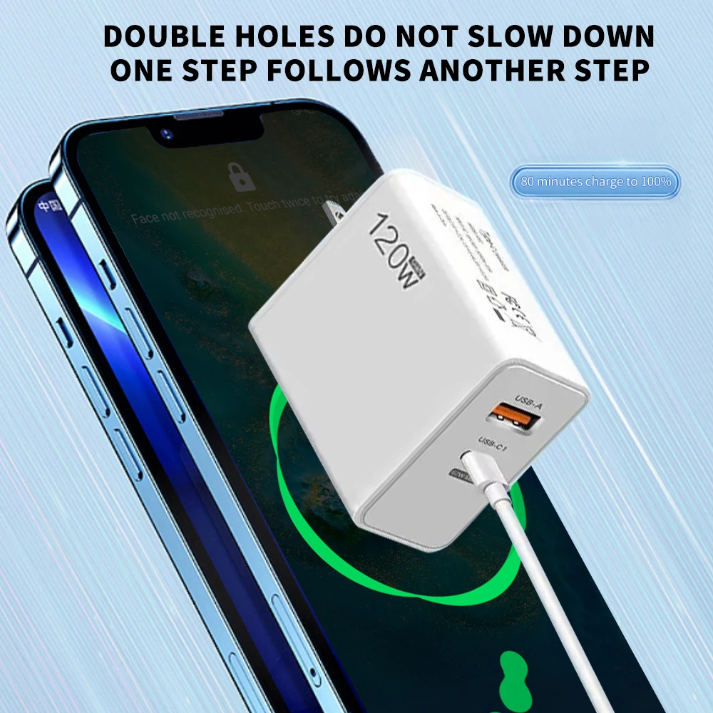 120 واط PD شاحن USB شحن سريع نوع C شاحن الهاتف المحمول مع كابلات البيانات آيفون 15 سامسونج محولات الحائط الشحن السريع