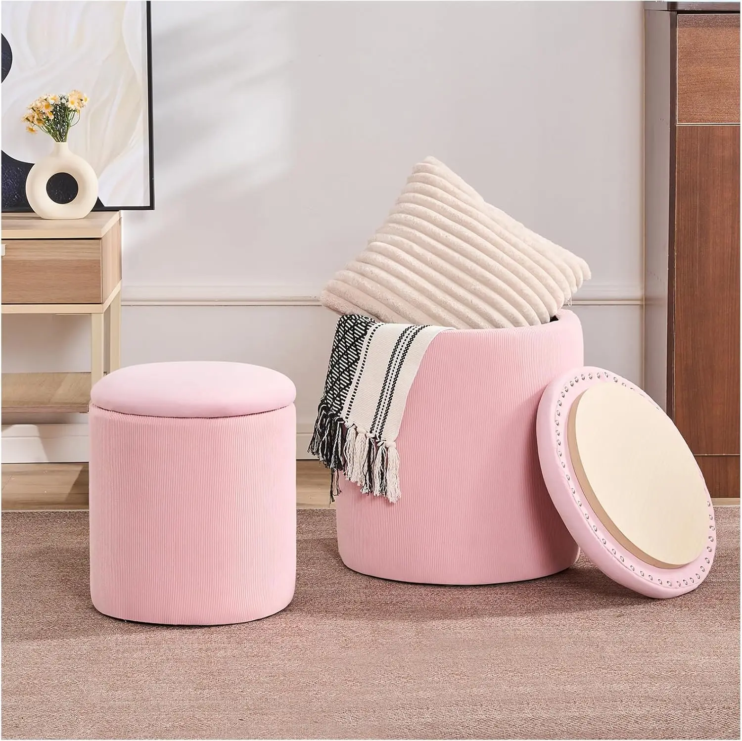 

Ottoman With Storage Set Of 2, Upholstered Corduroy Velvet Vanity Stool, Small Footrest Round Ottoman Coffee Table Wood, Comfy