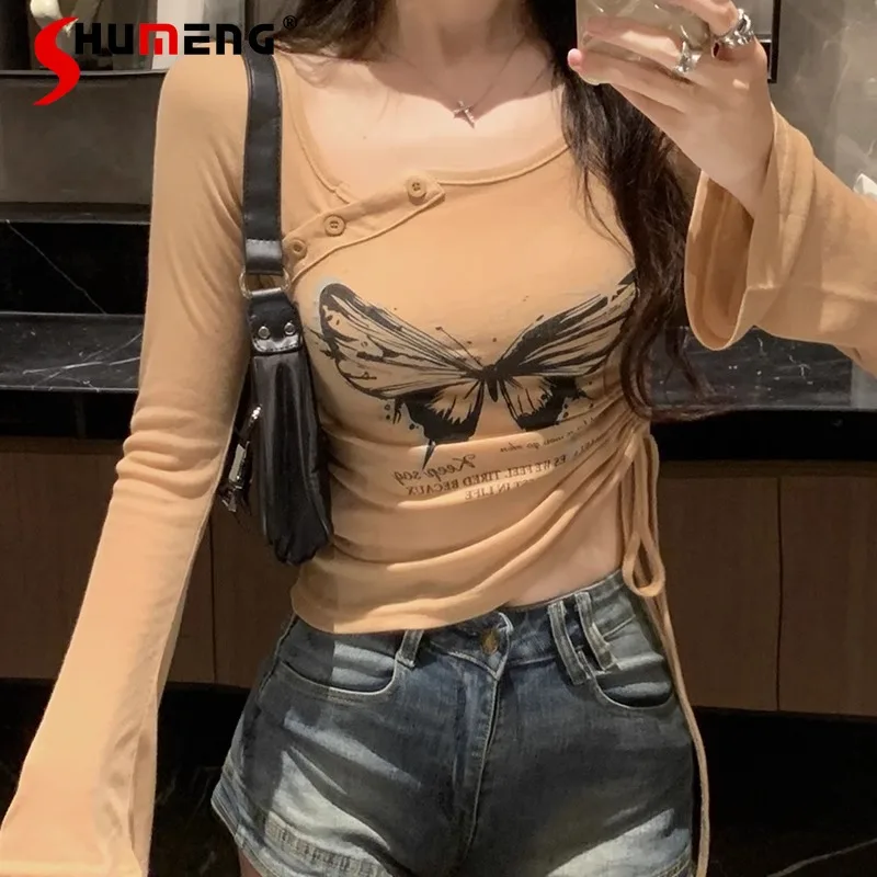 

Women's Long-Sleeved T-shirt Spring Ins Retro Pure Desire Chic Butterfly Print Hot Girl Slimming Top Fashion Y2k Tees Clothes