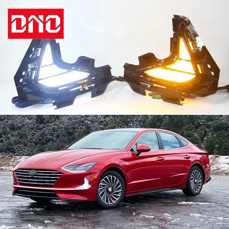 Car DRL LED 12V Daytime Running Lamps For Hyundai Sonata 2020 2021 2022 Auto Daylights Yellow Turn Signal12V Car Foglamp