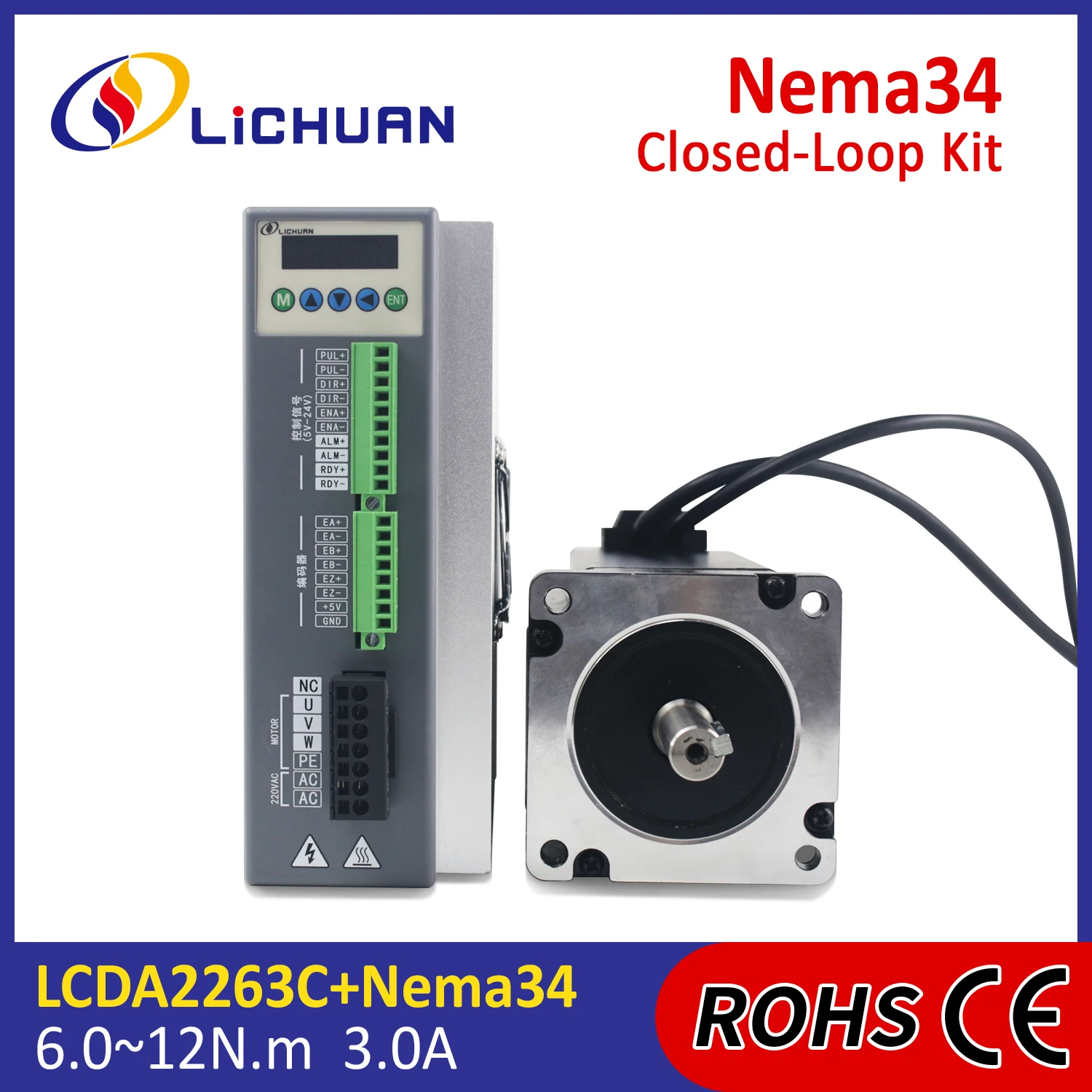 Lichuan AC150V~250V 3A 1000PPR 10/12N.m Stepper Motor Driver 3 Phase Nema34 Closed Loop Stepper Motor Driver Kit for CNC Machine