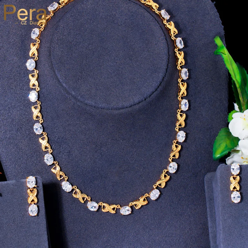 

Pera Classic Oval Shape Link Sparkling CZ Yellow Gold Color Round Choker Necklace Earrings Banquet Party Jewelry for Women J482