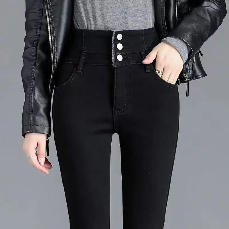 High-waisted Fleece-lined Jeans Women's Winter New Slimming Black Slim Fit Trendy Pencil Leggings