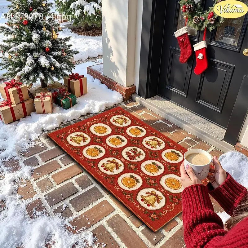 VIKAMA Red Bell Orange Slice Repeat Entryway Rug Non Slip Low Profile Mats for Outside Front Door Xmas Holiday Decor Soft