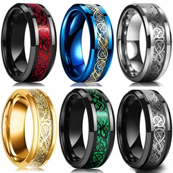 Moda 8mm anello drago celtico in acciaio inossidabile da uomo intarsio rosso verde nero anello in fibra di carbonio fede nuziale gioielli con ciondoli regali