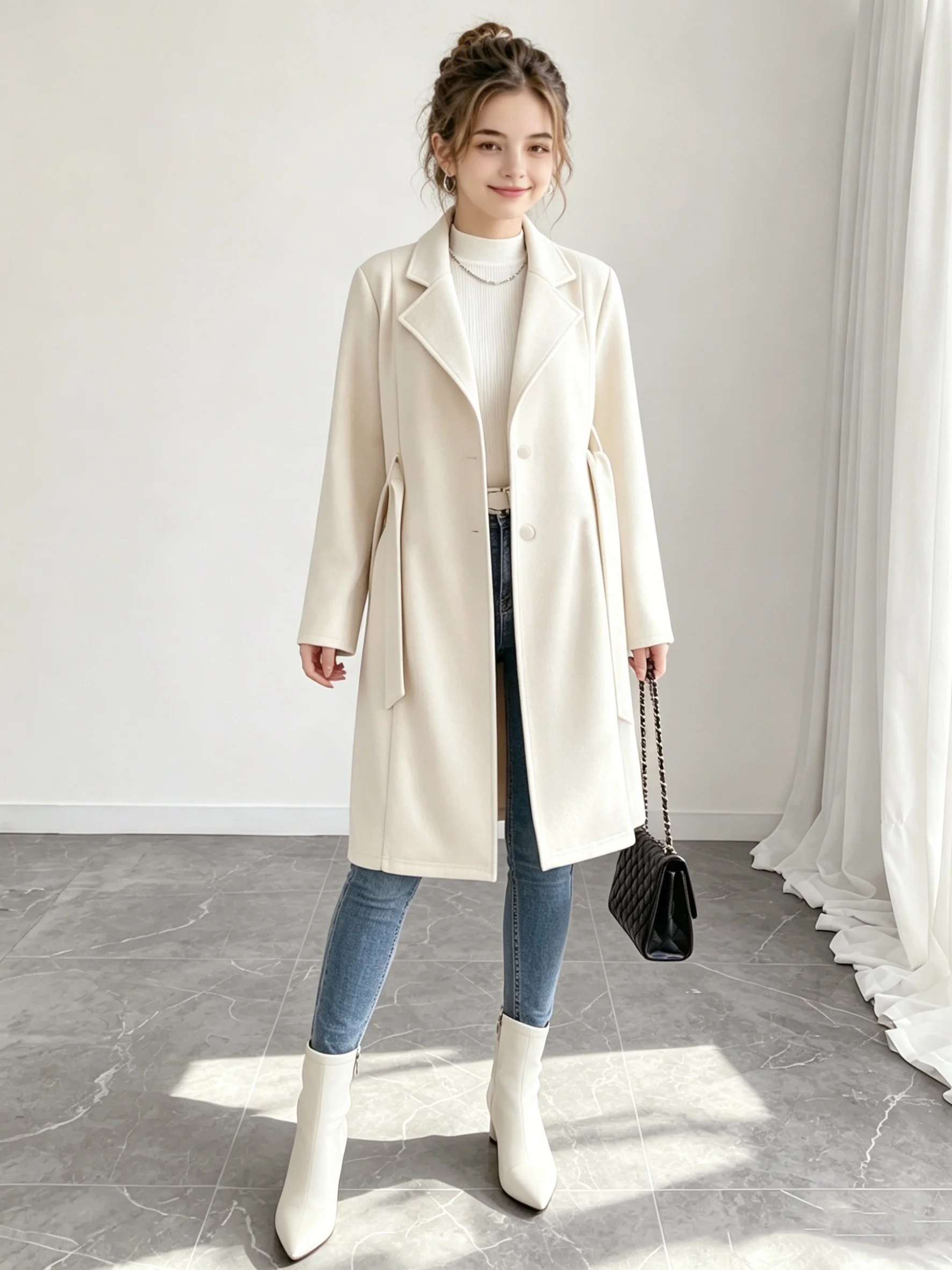 Mädchen-Herbst- und Wintermantel mit elegantem und stilvollem Design, einfarbig, warm und stilvoll, großer Kragen, langärmliger Mantel, kombiniert mit passendem Gürtel, geeignet für ältere Kinder und Teenager im Alter von 12-16 Jahren. – Detail 5