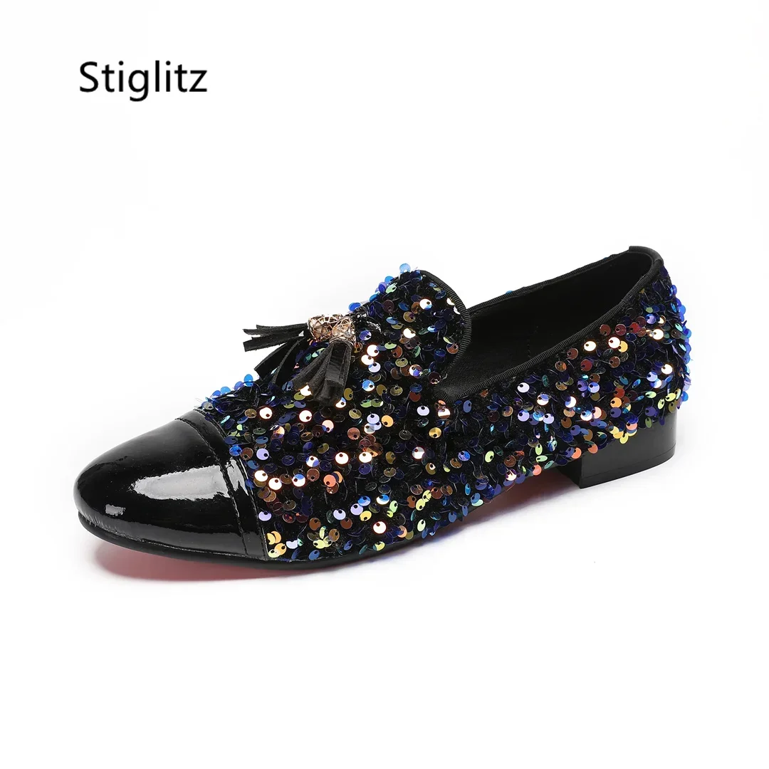 Glitter Sequin Fringe Men's Shoes Round Toe Black Blue Gold Casual Tassel Loafers Comfortable Luxury Men's Social Shoes Catwalk