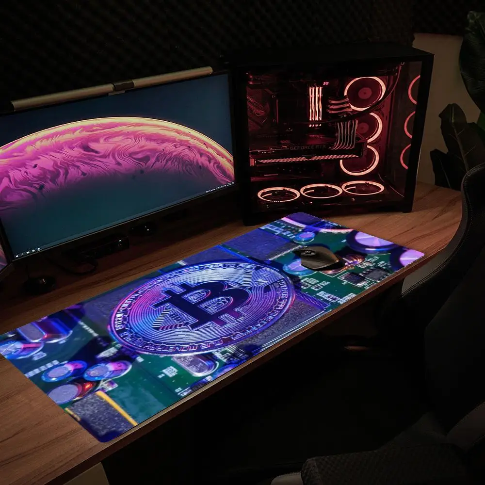 Gaming Mouse Pad Bitcoin Circuit Board Print Gold Silver Crypto Coin Anti Slip Rubber XXL Large Desk Mat For PC Laptop Gamers