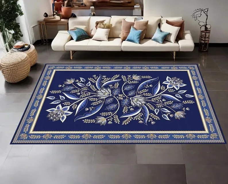 Vintage Boho Persian Area Rug Traditional Oriental Floral Mandala Print Carpet Non-Slip Floor Mat for Living Room Bedroom