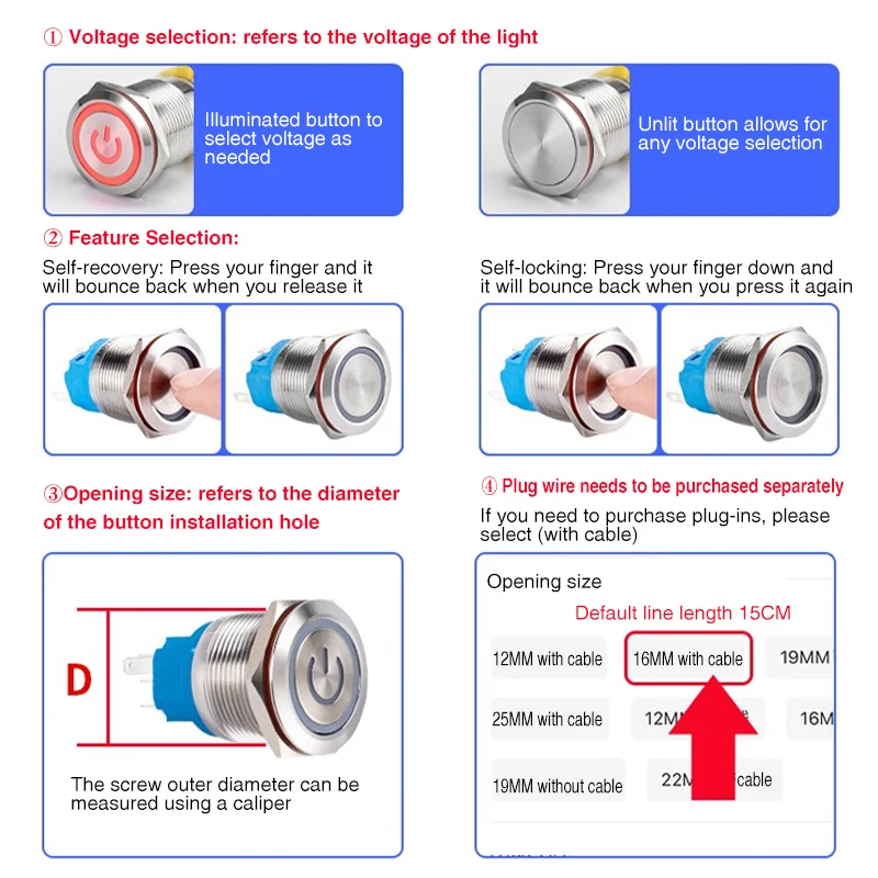 12 16 19 22 mm Metal Push Button Switch with Wire On Off PC Power High Head 12v for Car Momentary Latching Fixed Blue 5V 220V