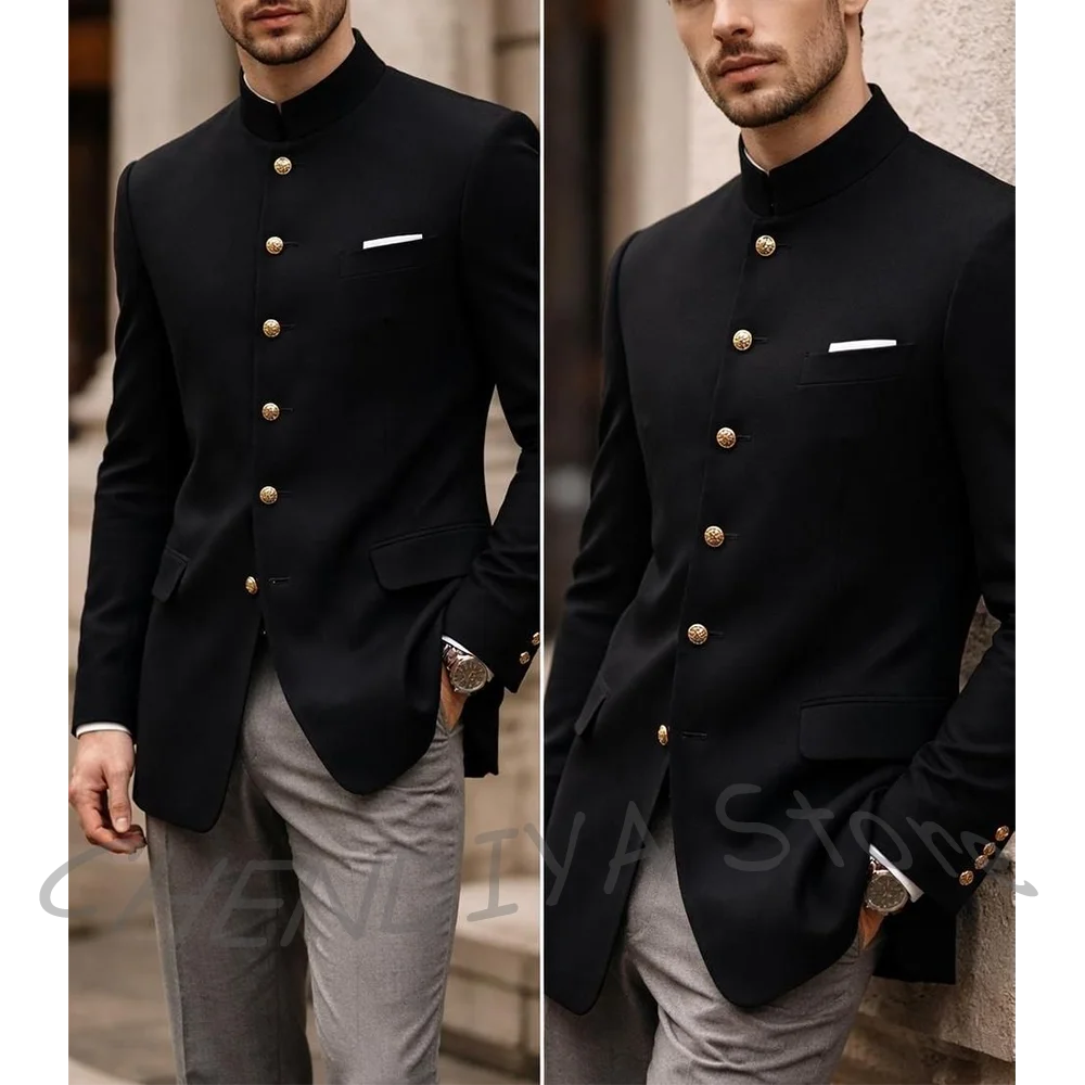 

Classic Stand Lapel Suit For Men Business Casual Single Breasted Slim Fit High Quality Tailored Formal Wedding Set Two Pieces