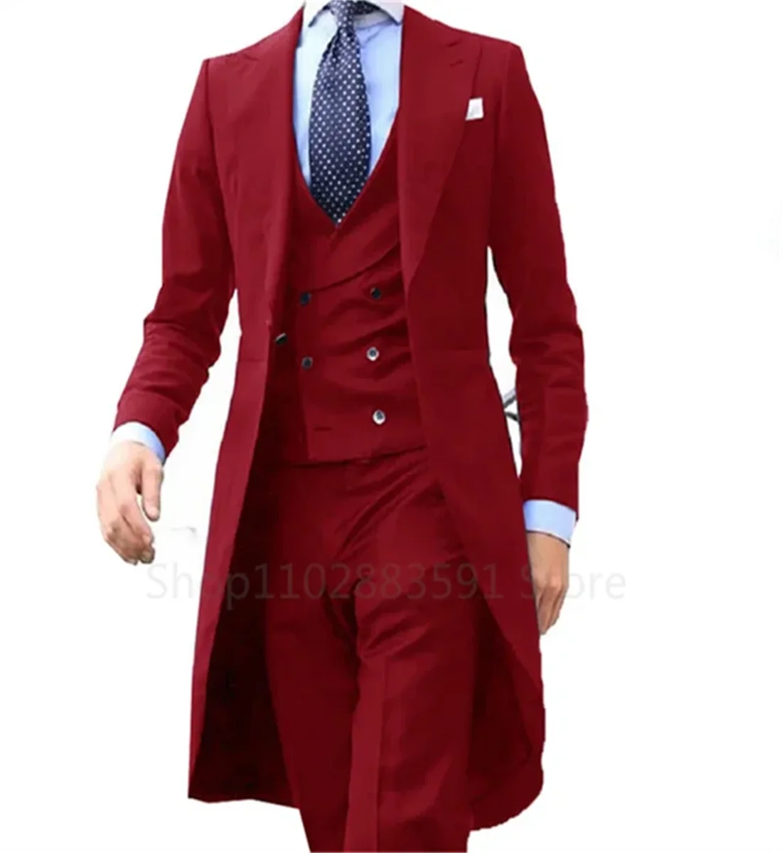 3 Pieces Green Long Tail Blazer Gentleman Male Suit Men\'s Fashion Groom Tuxedo for Wedding Prom Jacket Vest with Pants