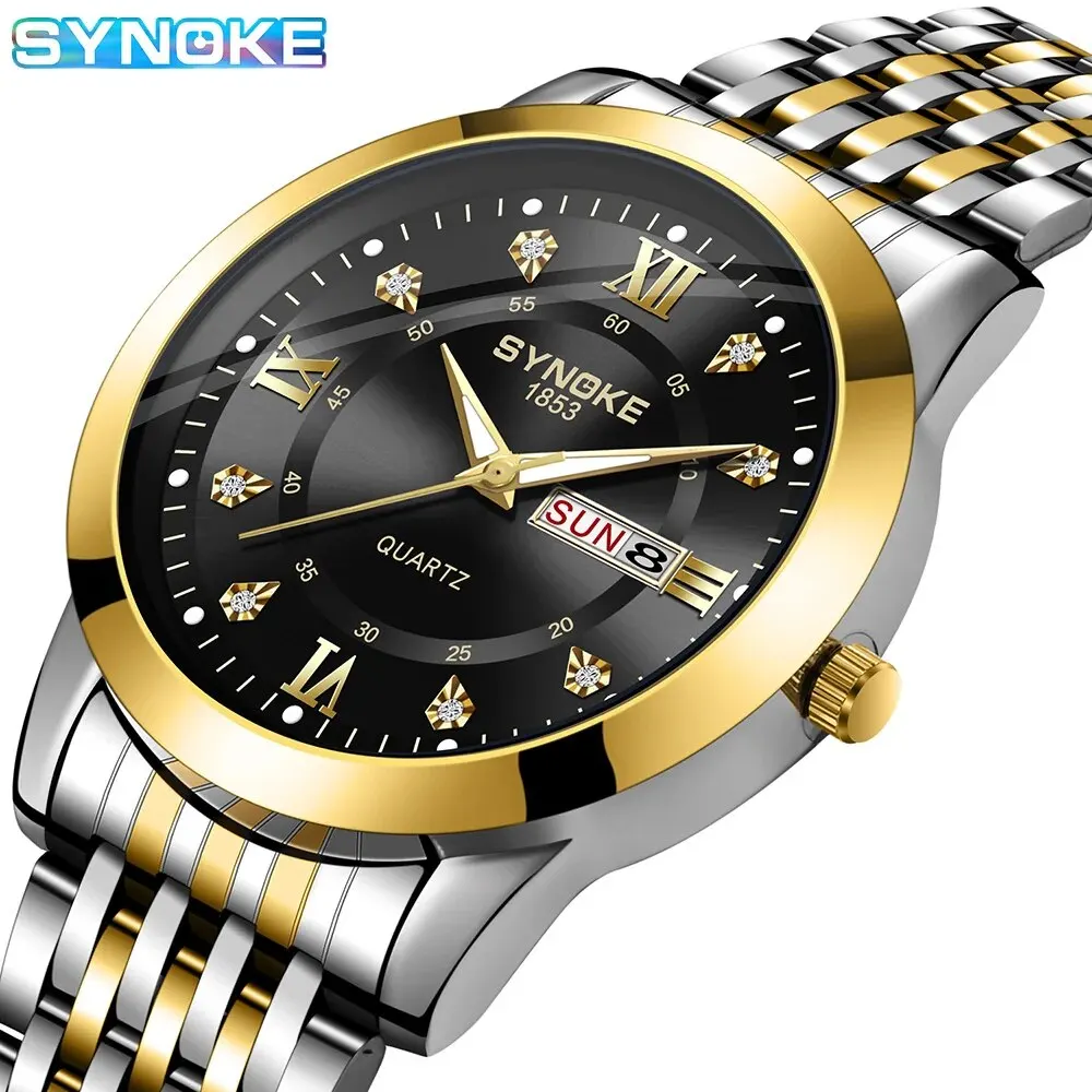 SYNOKE Non Mechanical Quartz Watch For Men Dual Calendar Steel Band Business Alloy Watch Roman Diamond Facet Fashion