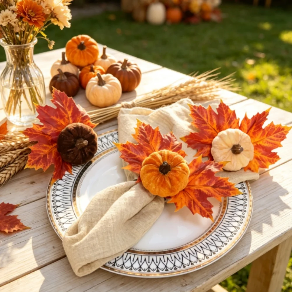 12pcs For Velvet Pumpkin Maple Leaf Napkin Rings Autumn Thanksgiving Wedding Table Decor Handcrafted Dinner Party Home Decorati