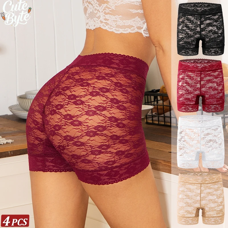 4er-Set Transparente Spitzen-Panties für Damen – Hoher Bund, Sicherheitsshorts gegen Ausblenden unter Röcken, Loungewear, Unterwäsche, Dessous
