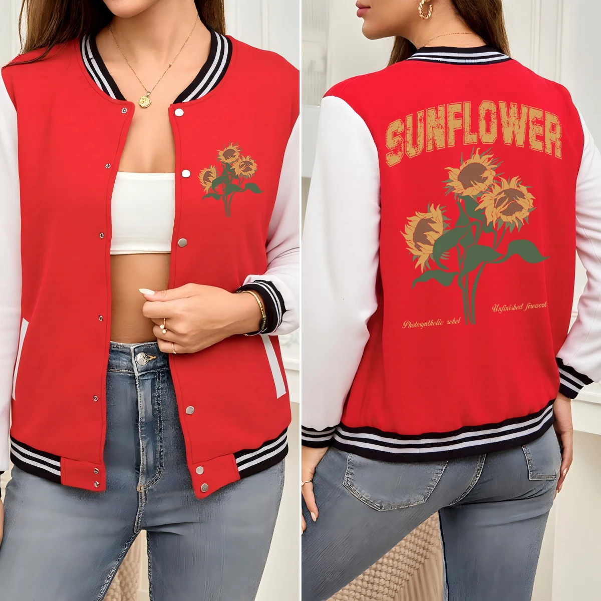 

Sunflower Is Very Beautiful Printed Women Baseball Uniform Fashion Pocket Jacket Autumn Warm Clothing Loose Cotton Jackets