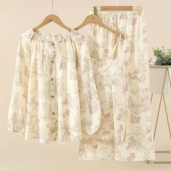Vintage Print 100% Cotton Sleepwear Pijama Autumn Winter Pajamas Sets New Long Sleeve Shirt Pant Suit Three Pieces Home Clothes