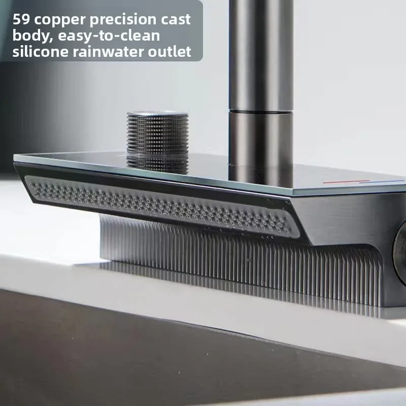 Grey kitchen pulling faucet Full light luxury copper digital display kitchen faucet High-end sink single hole hot and cold Taps