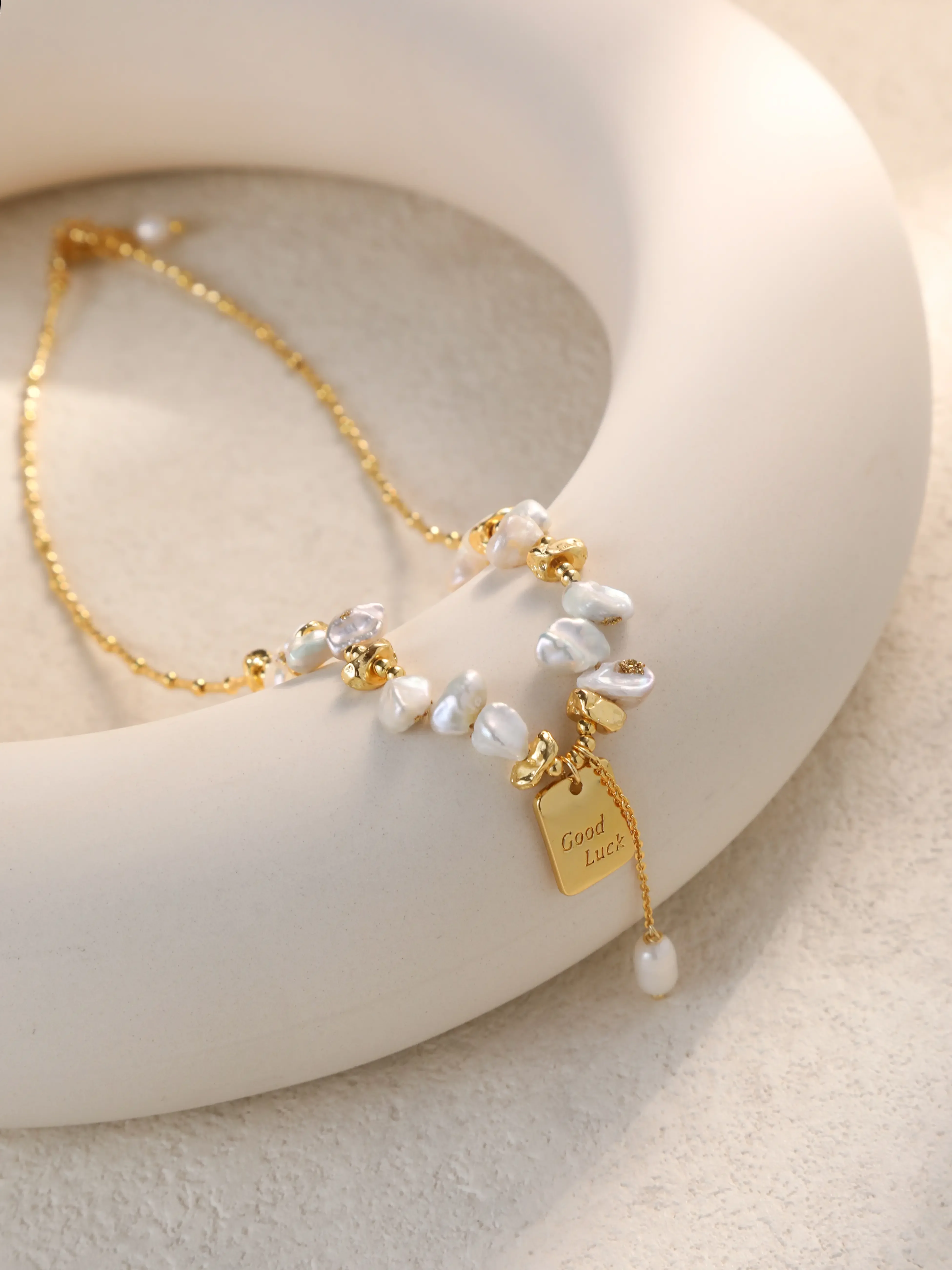 Good Luck Lucky Tag Freshwater Pearl Necklace Dainty Gold Charm for Everyday Date Night Special Occasions Wear for Women