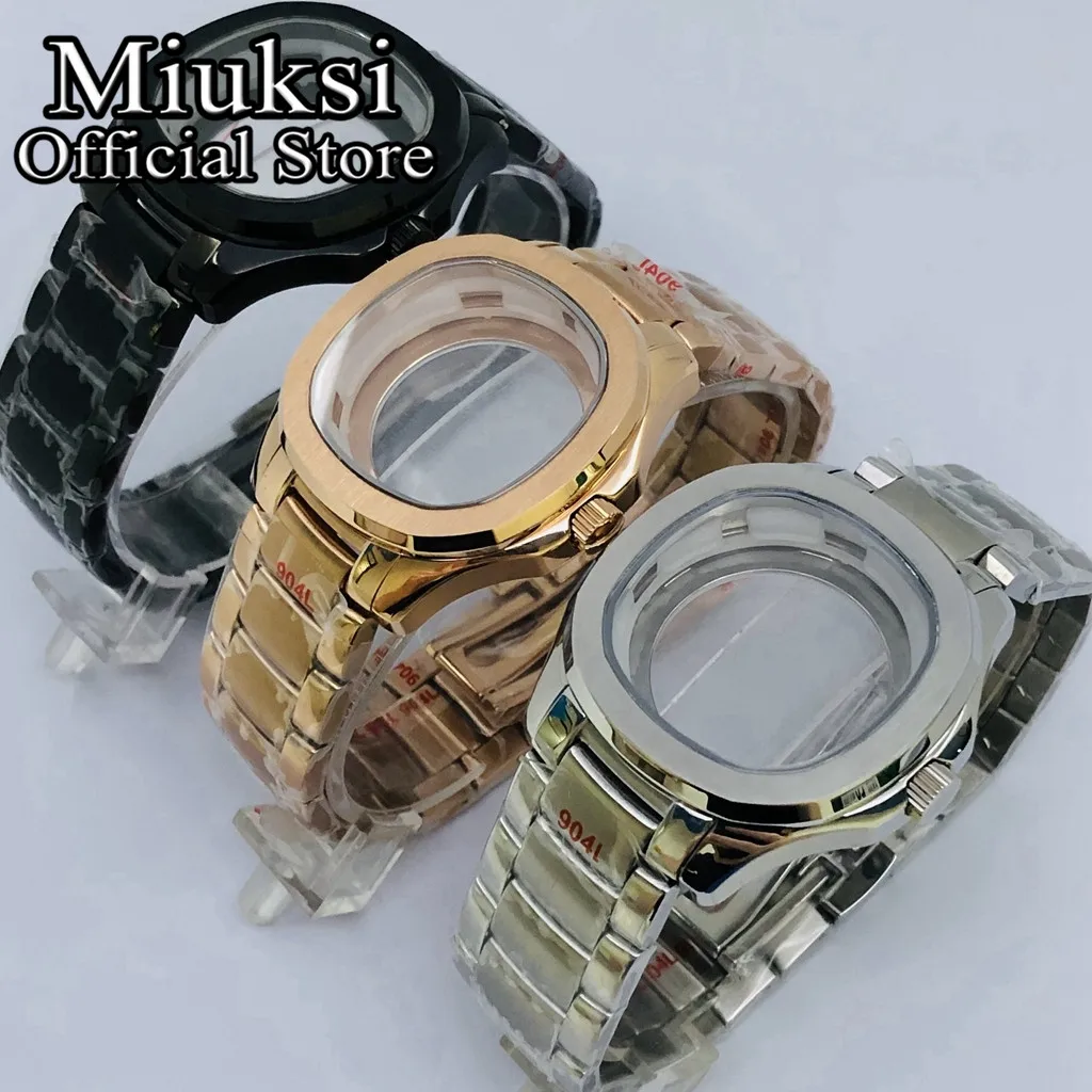 Miuksi 40mm silver black rose gold square watch case sapphire glass stainless steel fit NH35 NH36 ETA2824 PT5000 movement