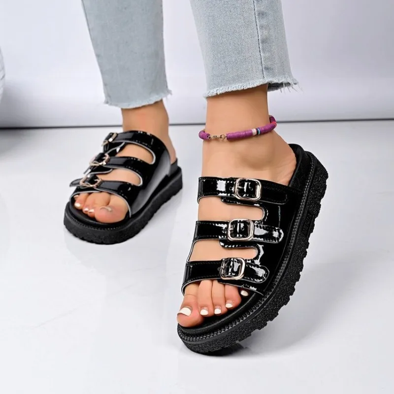 

Casual Sandals Women Metal Ankle Buckle Strap Summer Beach Slippers Ladies Low Heel