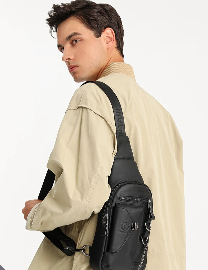 

Real leather breast bag Men's soft coat-leather lock zipper vertical multi-pocket shoulder crossbody bag