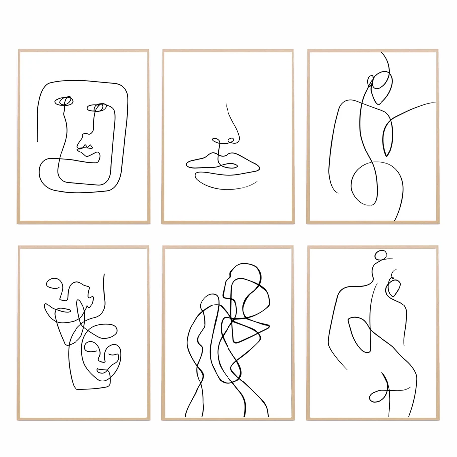 أسود أبيض مجردة خط الوجه الحد الأدنى قماش جدار الفن الشمال غرفة المعيشة ديكور المشارك طباعة الحديثة هندسية الوجه الصورة #5