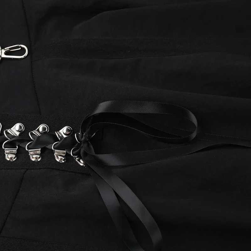 Goth Dark Acubi Fashion Black Swing A-line Skirt Punk Grunge Metal Buckle Streetwear Bandage Skirts Mall Gothic Alt Clother