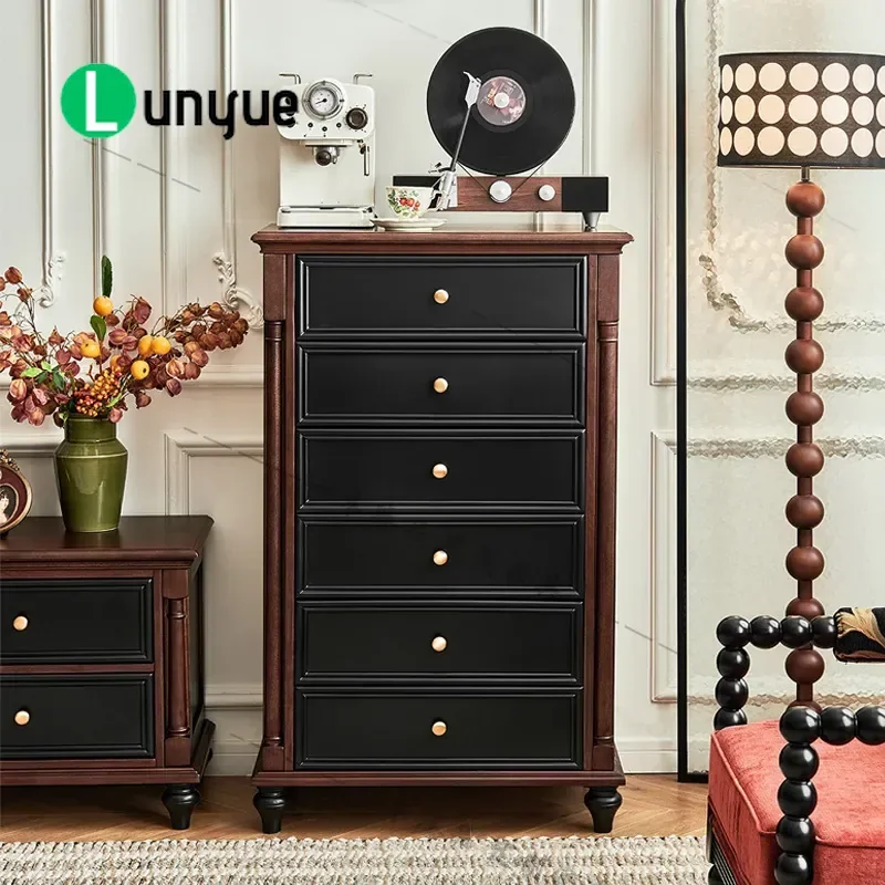 French Retro Solid Wood 8 Drawer Cabinet Two Tone Antique Living Room Storage American Light Luxury Bedside Nightstand