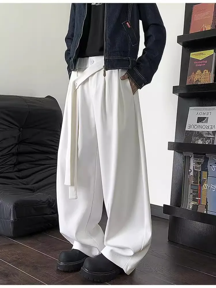 

White Pleated Knife Trousers Men's Spring Autumn High Waist Drapey American Sle Oversize Wide Leg Pants Casual Youth F...