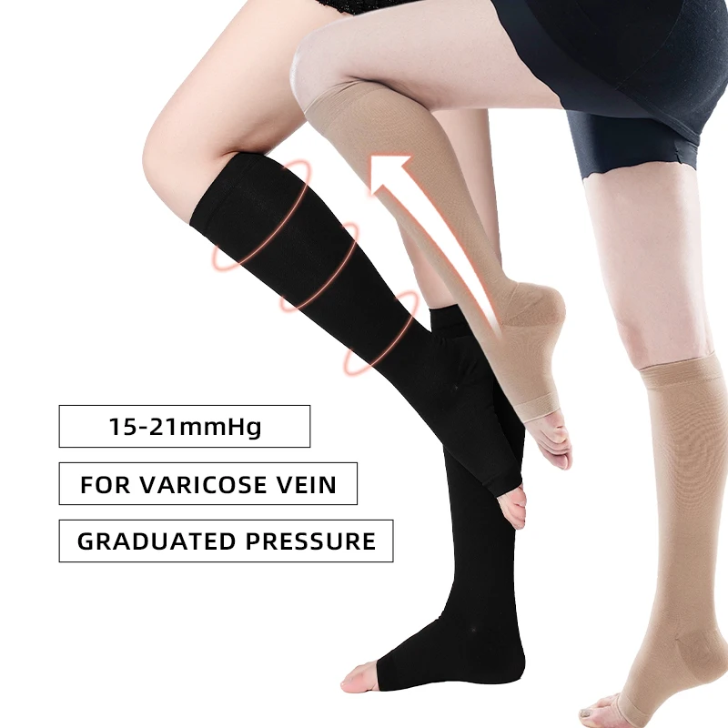 S-5XL 2pcs/Pair Medical Compression Calf Sleeves Open Toe Football Running Breathable Varicose Vein Leg Support Socks 15-21 mmHg