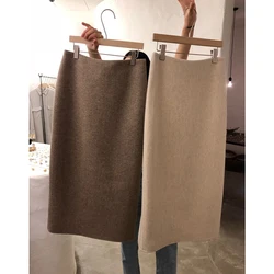 High Waist Tweed  Skirt Women's Autumn Winter Fashion Retro Style One Step Skirt Bodycon Skirt Commute Pure Color Skirt