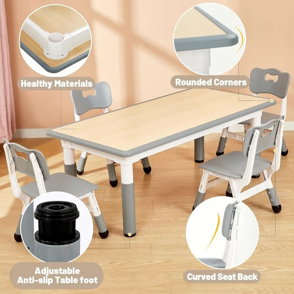 Kids Table and 4 Chairs Set for Ages 3-8, Height Adjustable Toddler Table and Chair Set, Easy to Wipe Arts & Crafts Table