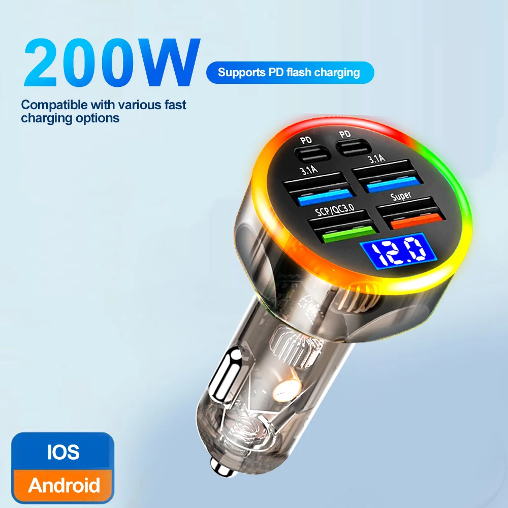 200W Car Charger 6 Ports Super Fast Charging PD QC3.0 USB Quick Charging Adapter for IPhone Samsung Xiaomi with Digital Display