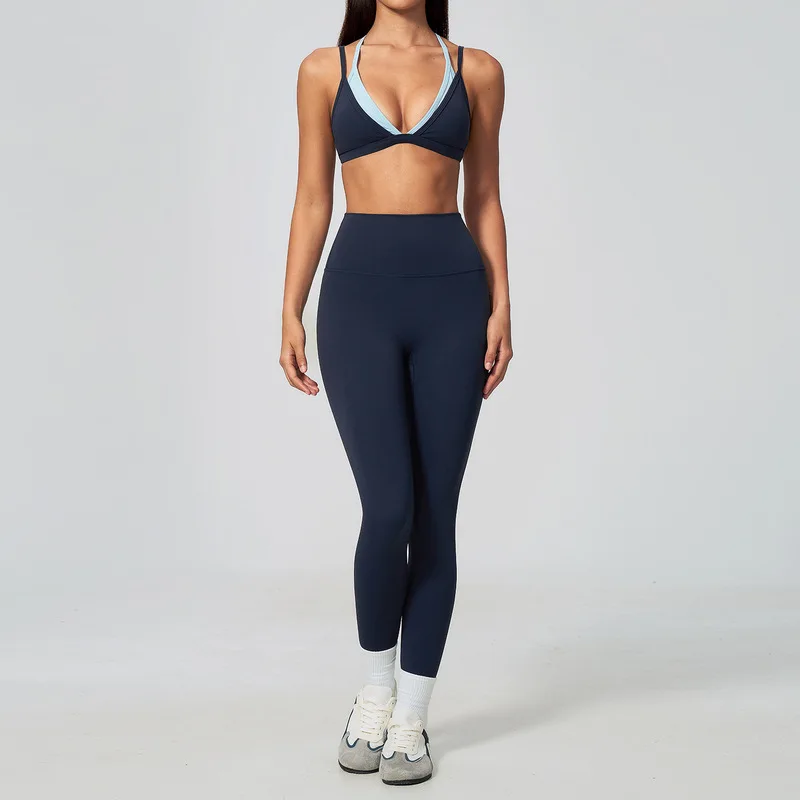 Workout Sports Suit Faux Two Piece Spaghetti Strap Sports Set Casual Running Yoga High Waist Leggings Pilates Gym Clothes Woman