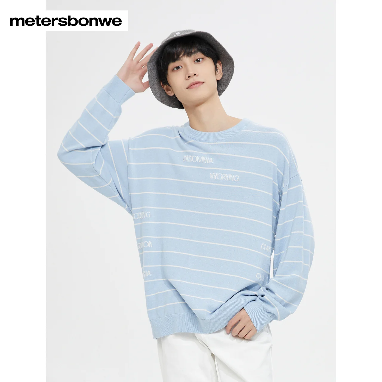 

Metersbonwe-Men's 100%Cotton Contrasting Color Stripe Sweater Jumper Long Sleeved Round Collar Pullover Business Casual Spring