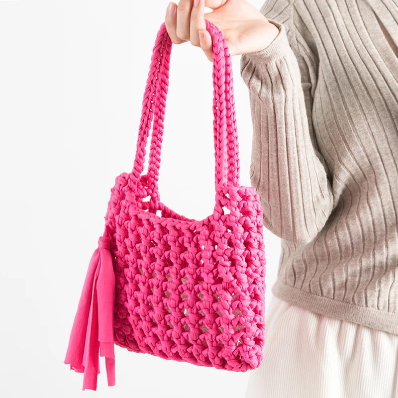 Fashion Tassel Crochet Women Shoulder Bags Hollow Knitted Lady Handbags Handmade Woven Summer Beach Bag Small Tote Purses 2023