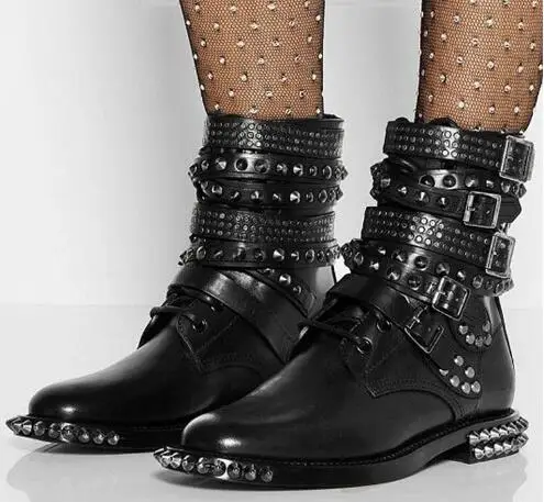 Punk Style Girls Black Leather Spike Rivet Belt Buckles Motorcycle Short Boots Women Round Toe Zipper Side Leisure Ankle Boots